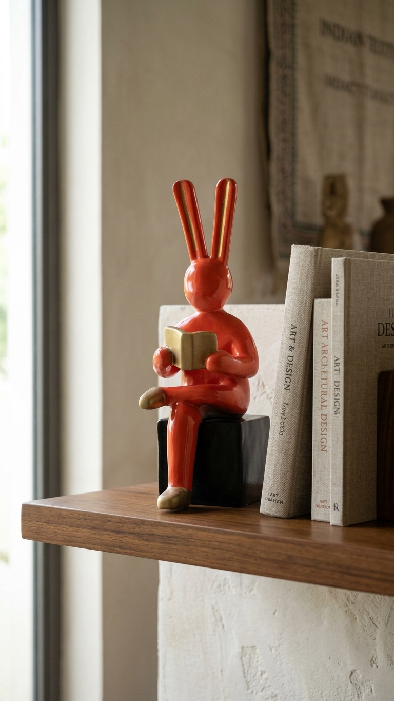 Luxury Reading Bunny Showpiece in White & Gold | Premium Bookshelf & Living Room Decor