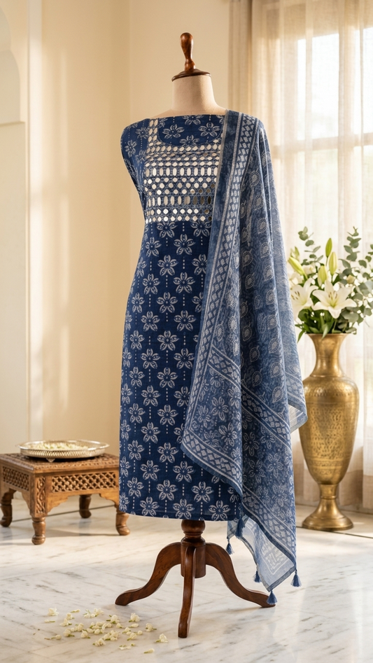 indigo mirror work unstitched suit set