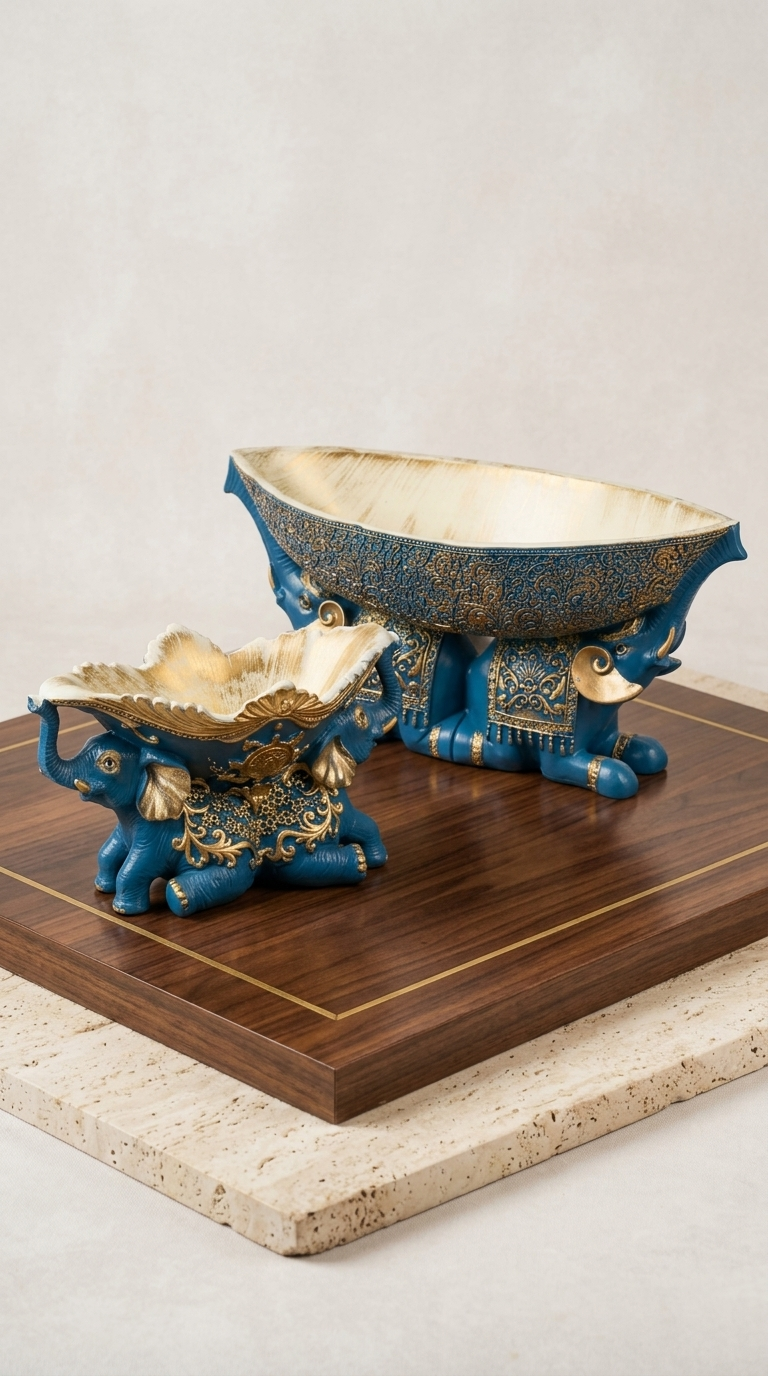 Handcrafted Blue Elephant Decorative Bowl Set – Premium Resin Showpiece for Home Décor & Gifting