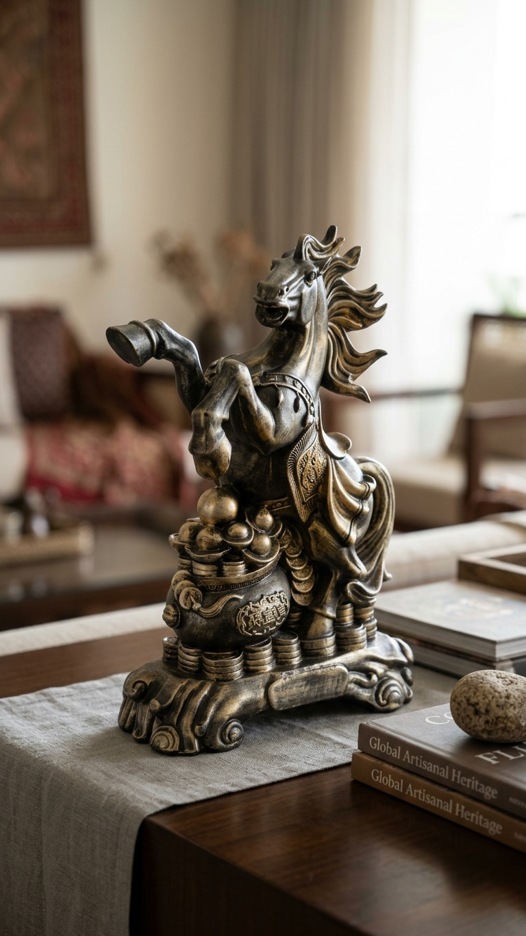 Handcrafted Feng Shui Wealth Horse Showpiece with Gold Coins & Treasure Pot – Premium Lucky Horse Statue for Home & Office Decor