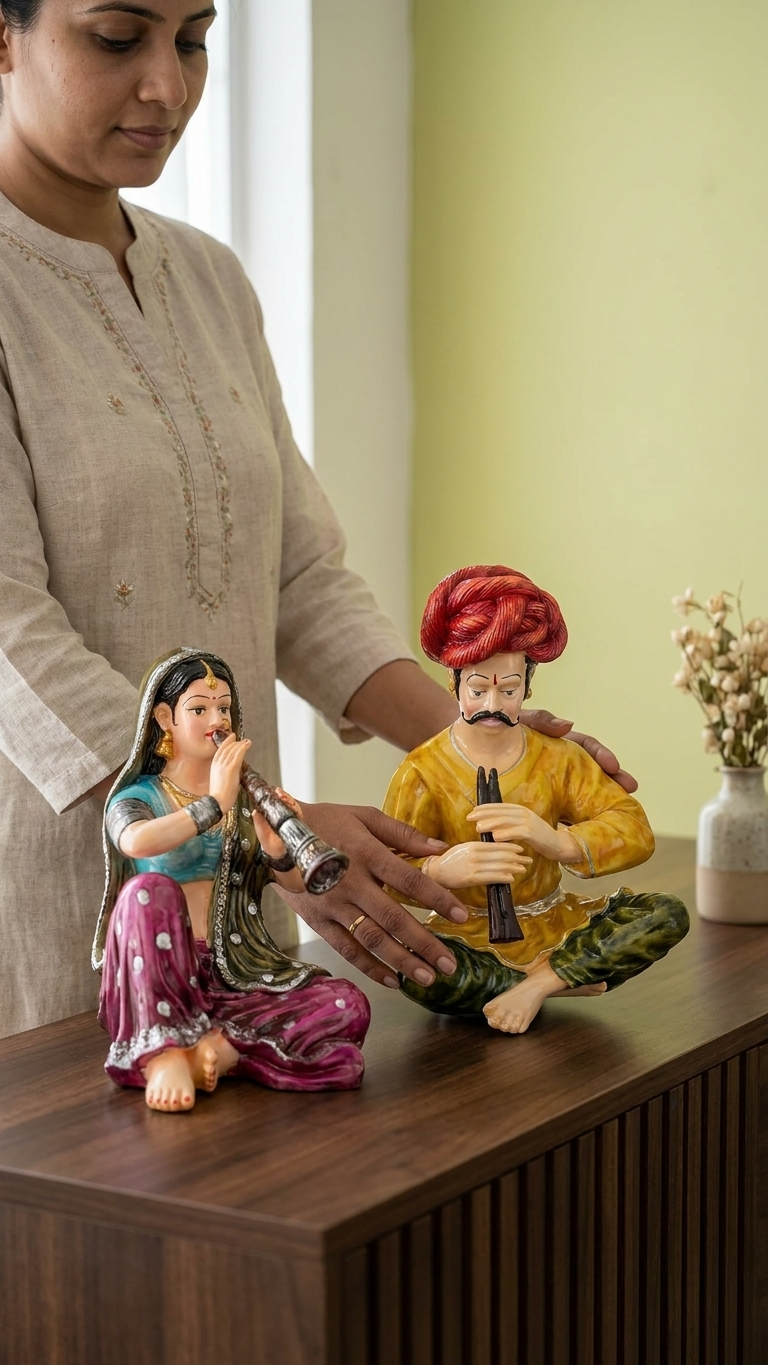 Royal Rajasthani Folk Musician Couple Showpiece | Traditional Indian Home Decor Statue Set