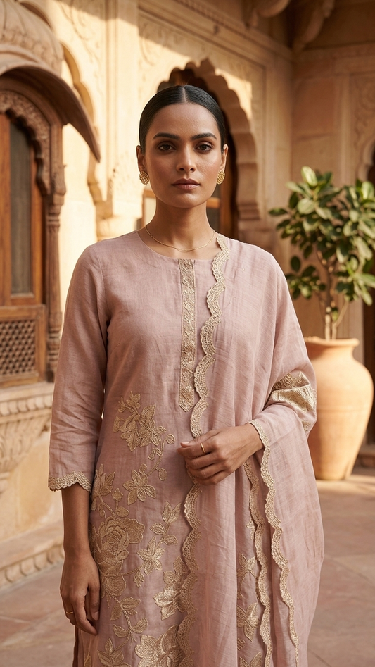 Peach Embroidered Suit Set with Dupatta – Premium Ethnic Wear India