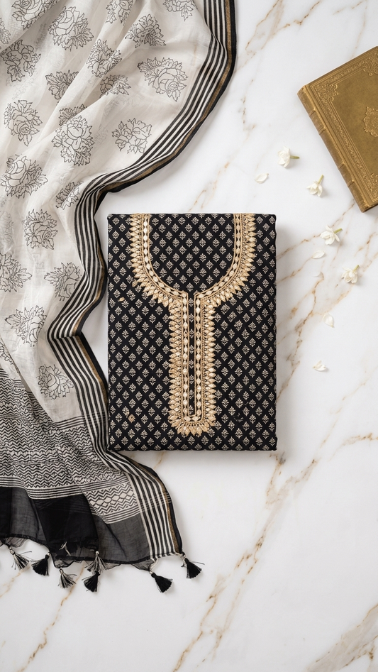 Black and White Embroidered Suit Set with Dupatta –Elegant Ethnic Wear