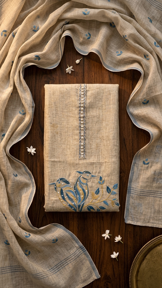 Beige Blue Designer Suit Set with Dupatta – Elegant Ethnic Wear India