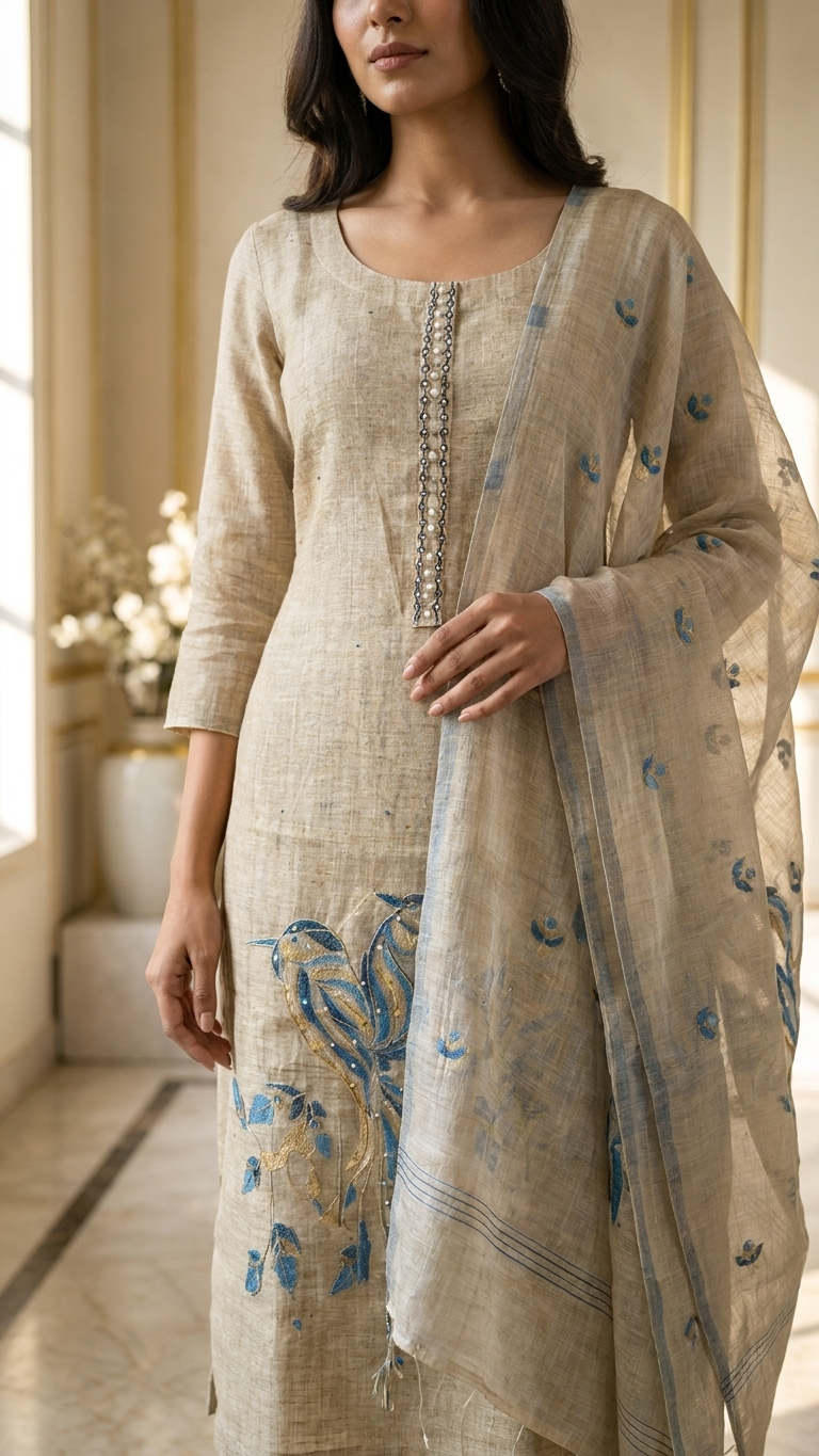 Beige Blue Designer Suit Set with Dupatta – Elegant Ethnic Wear India