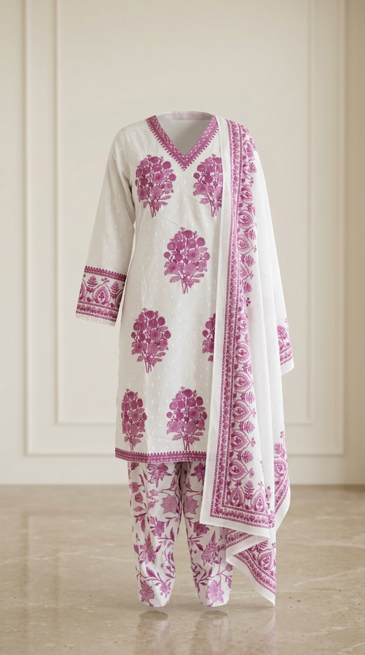 Cotton Blend Printed 3 Piece Suit Set