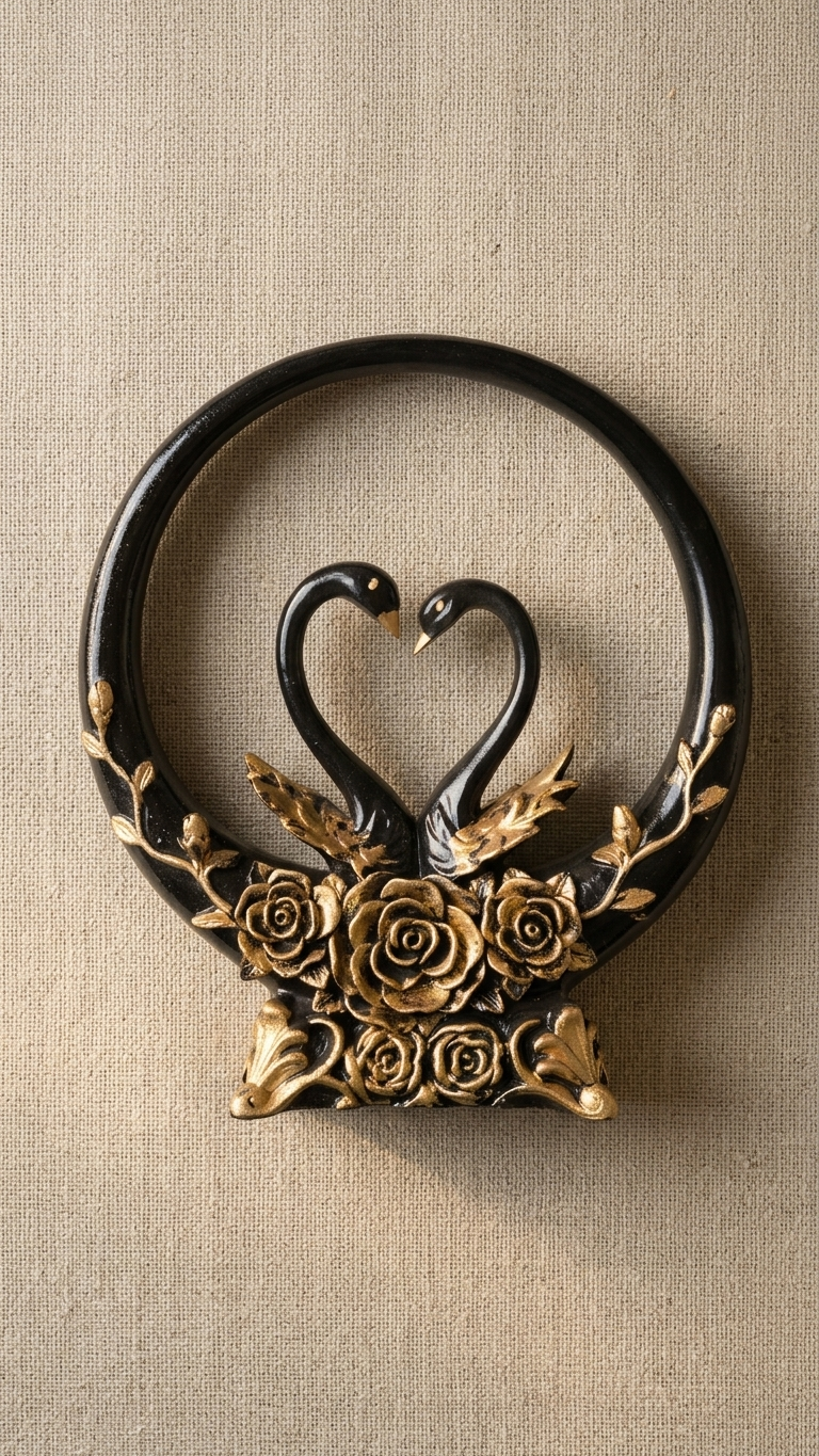 Elegant Black Swan Couple Showpiece with Floral Ring | Vastu Decor for Love, Harmony & Positive Energy
