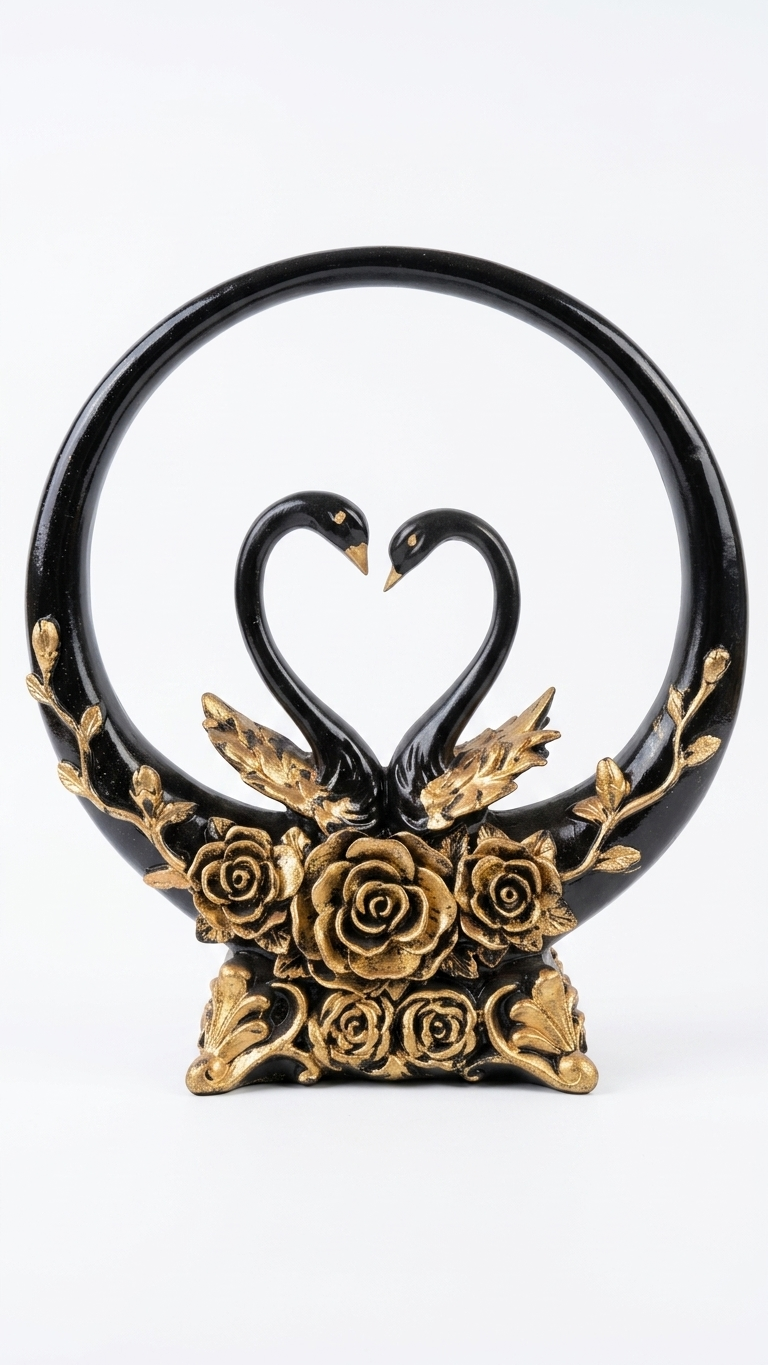 Elegant Black Swan Couple Showpiece with Floral Ring | Vastu Decor for Love, Harmony & Positive Energy