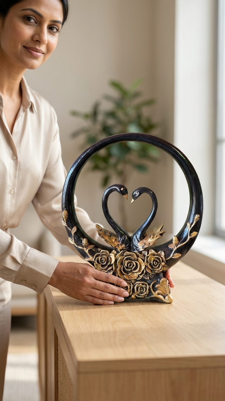 Elegant Black Swan Couple Showpiece with Floral Ring | Vastu Decor for Love, Harmony & Positive Energy