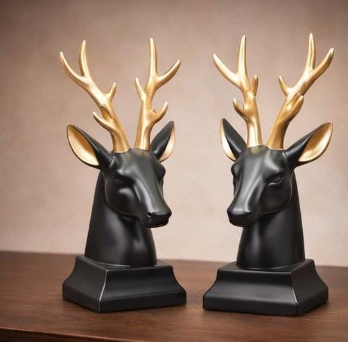Luxury Black Deer Head Statue with Golden Antlers – Modern Resin Home Décor Showpiece (Set of 2)