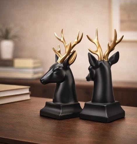 Luxury Black Deer Head Statue with Golden Antlers – Modern Resin Home Décor Showpiece (Set of 2)