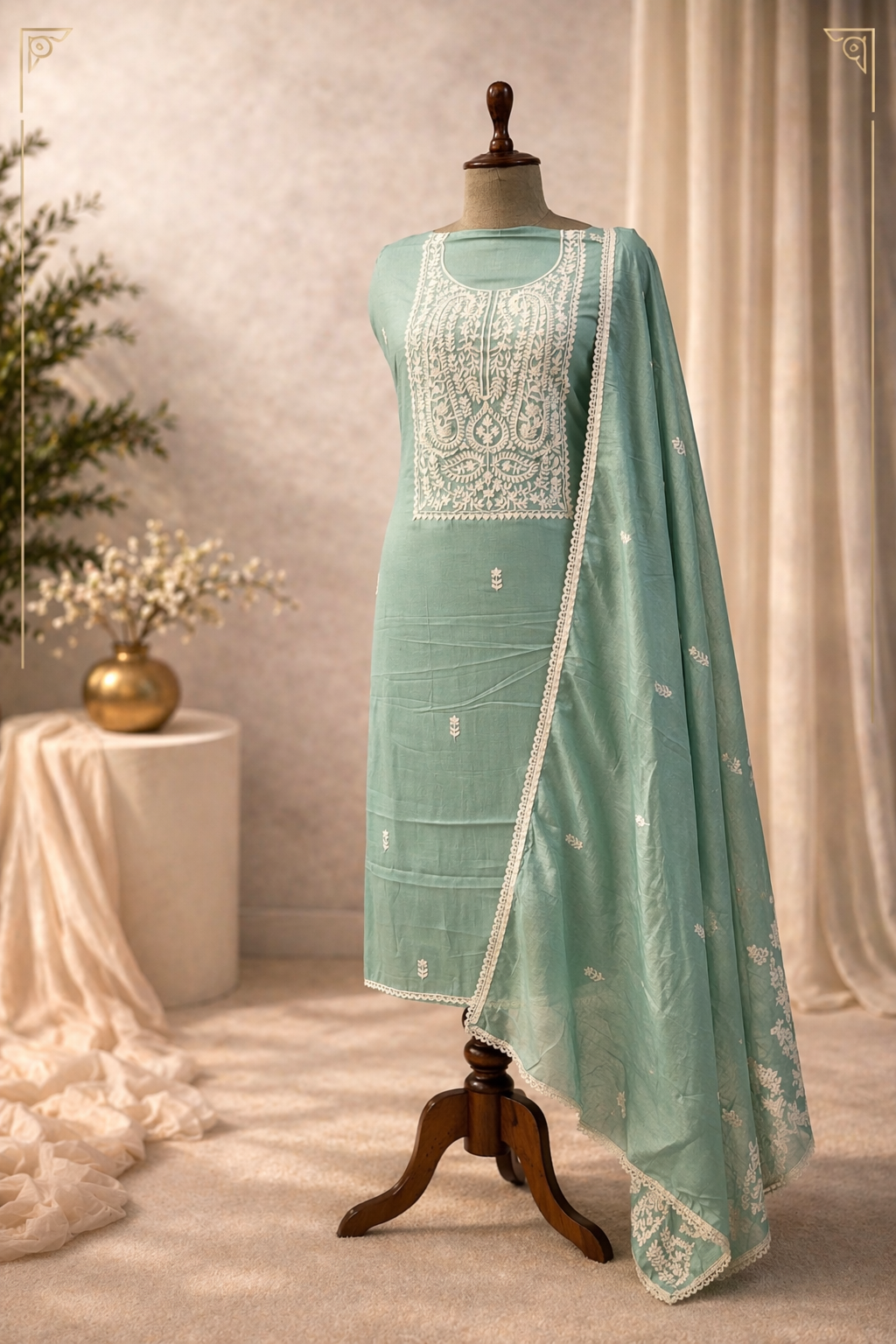 mint green embroidered suit set with dupatta pastel ethnic wear India