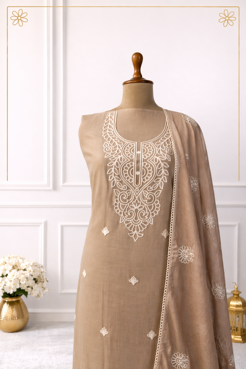 premium ethnic wear India taupe embroidered designer suit set