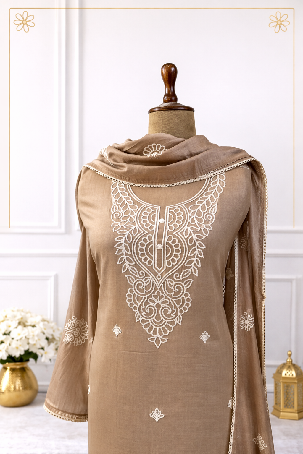 taupe embroidered designer suit set India unstitched ethnic wear women