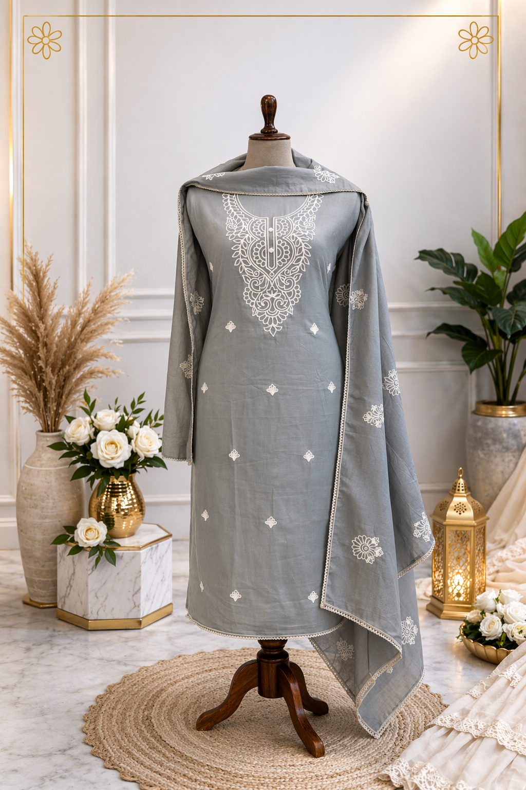 grey embroidered designer suit set unstitched suit set women India