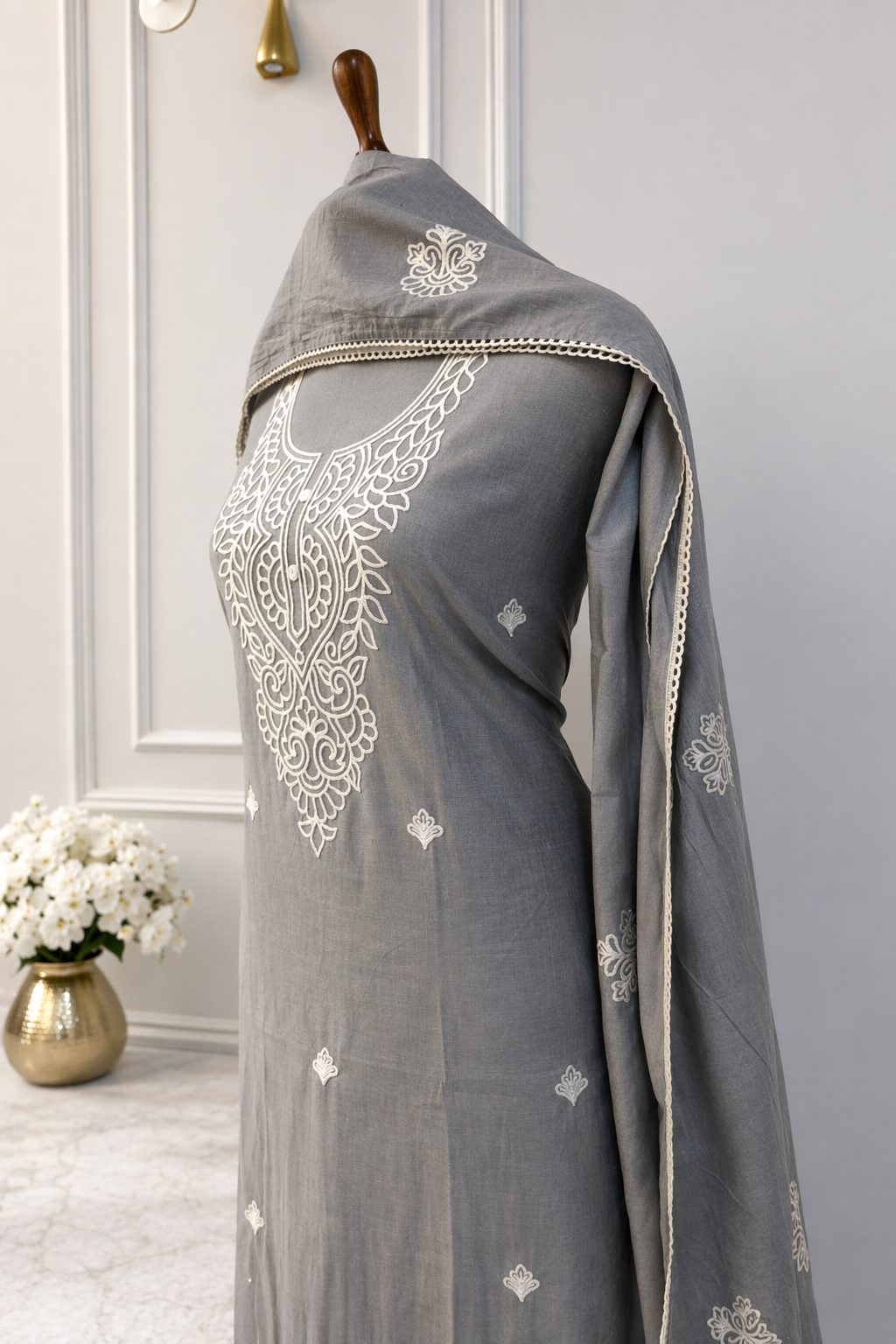 premium grey embroidered designer suit set India with dupatta