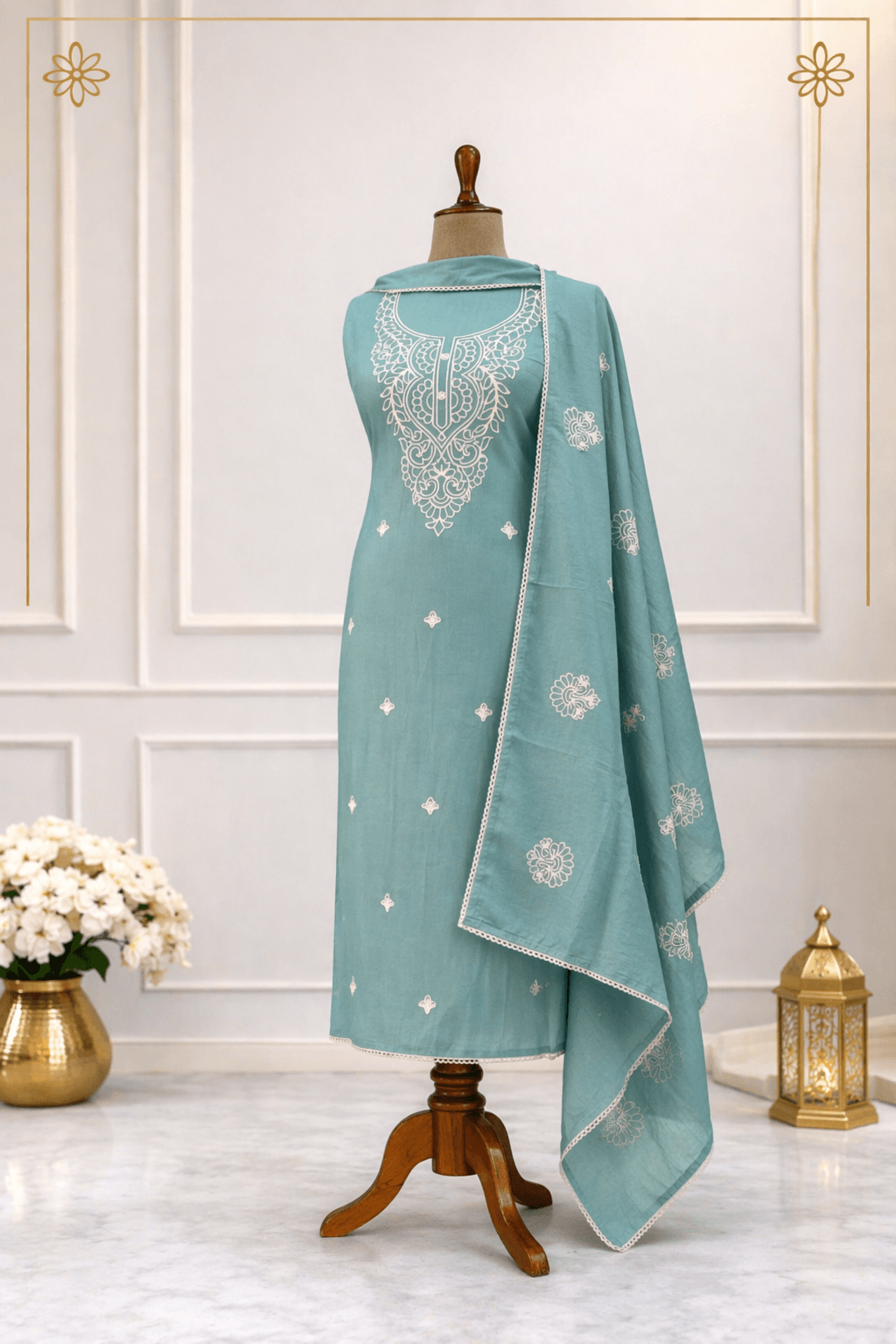teal green embroidered suit set with dupatta ethnic wear India