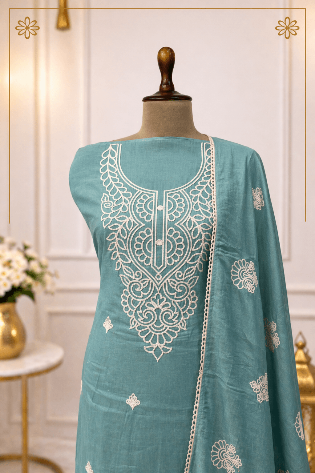 teal green embroidered suit set India embroidered kurta designer wear