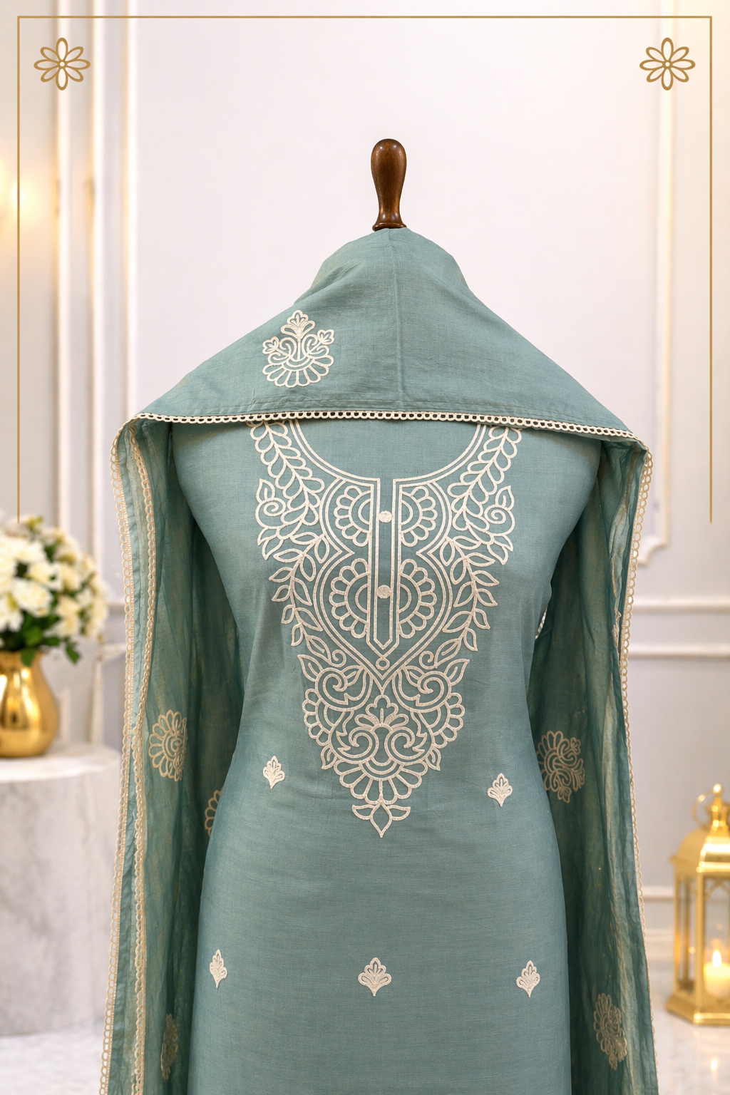 teal green embroidered suit set India with dupatta embroidered