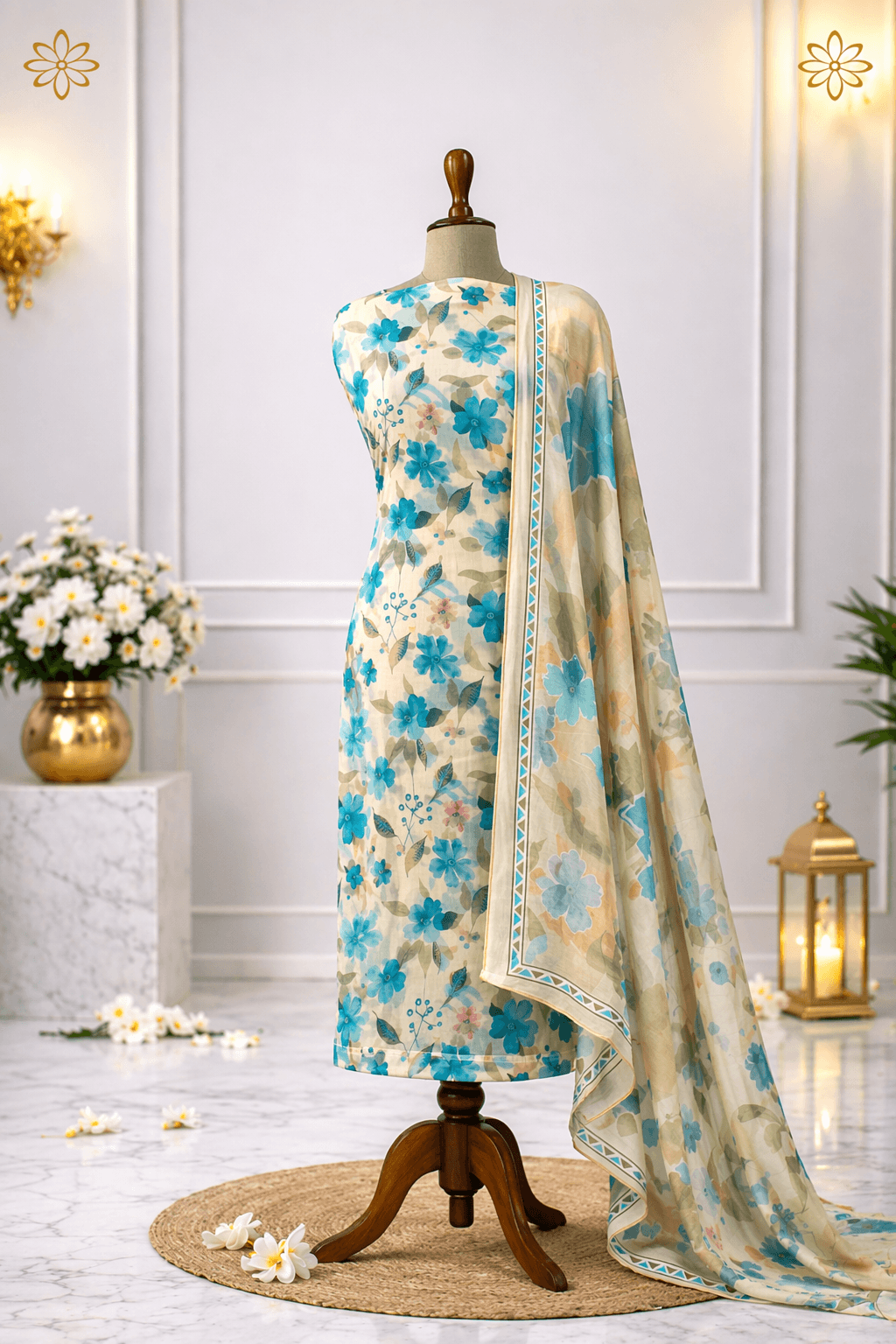 blue floral designer suit set with dupatta pastel ethnic wear India