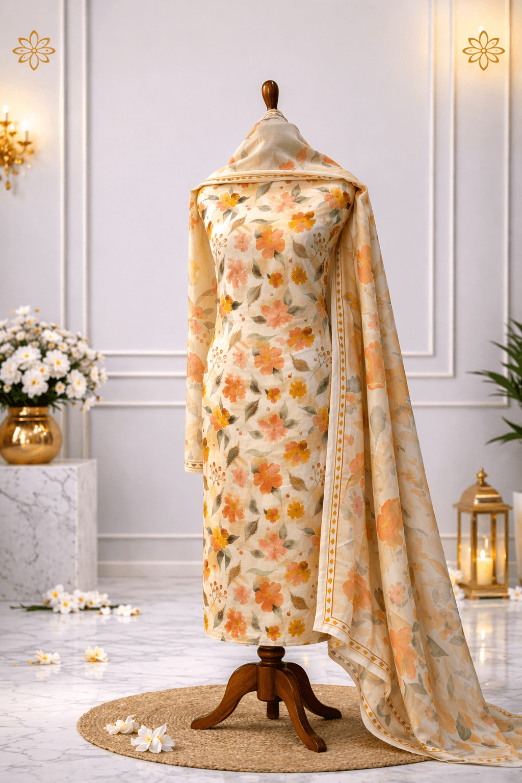 peach floral designer suit set with dupatta ethnic wear India