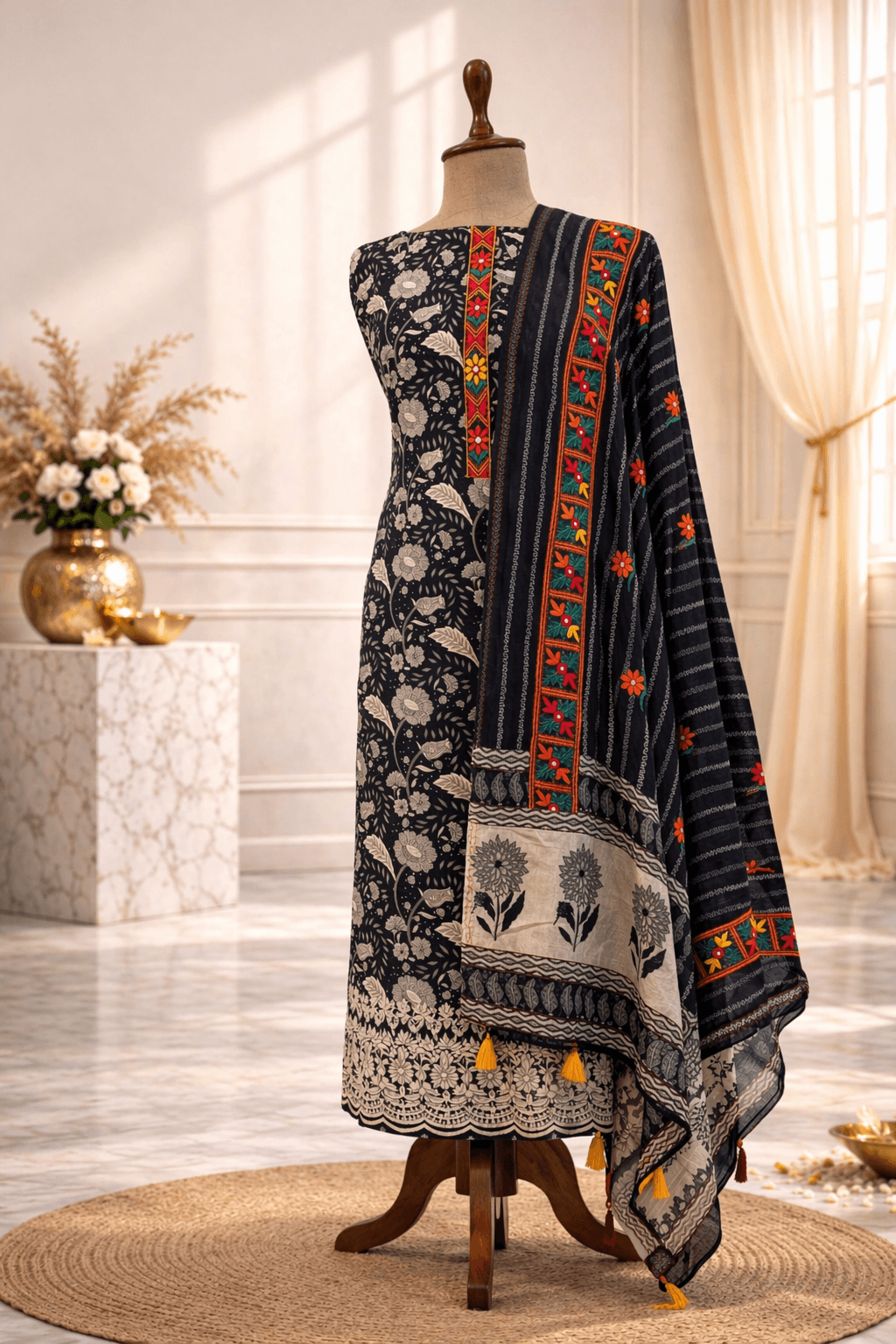 black floral designer suit set with embroidered dupatta premium ethnic wear India