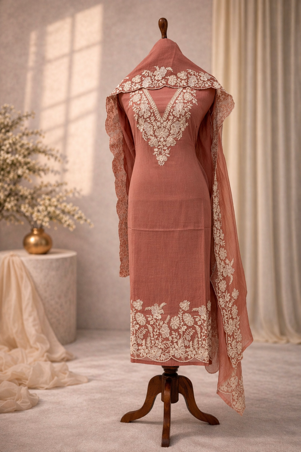 rust embroidered designer suit set India embroidered neckline designer wear