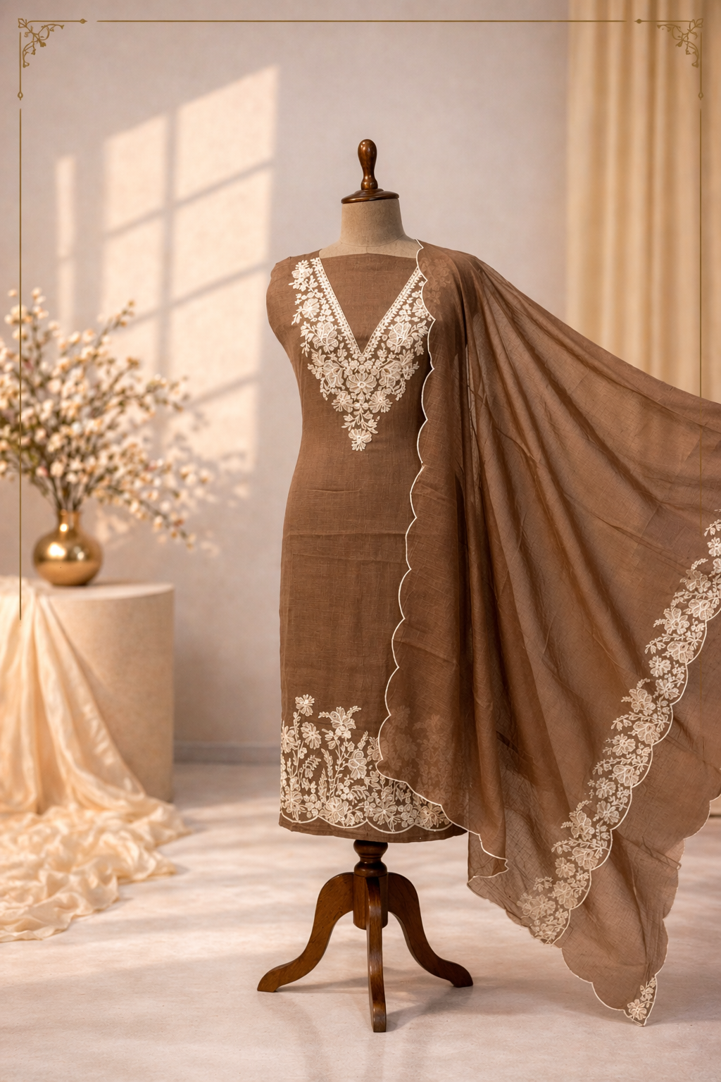 brown embroidered designer suit set with dupatta luxury ethnic wear India