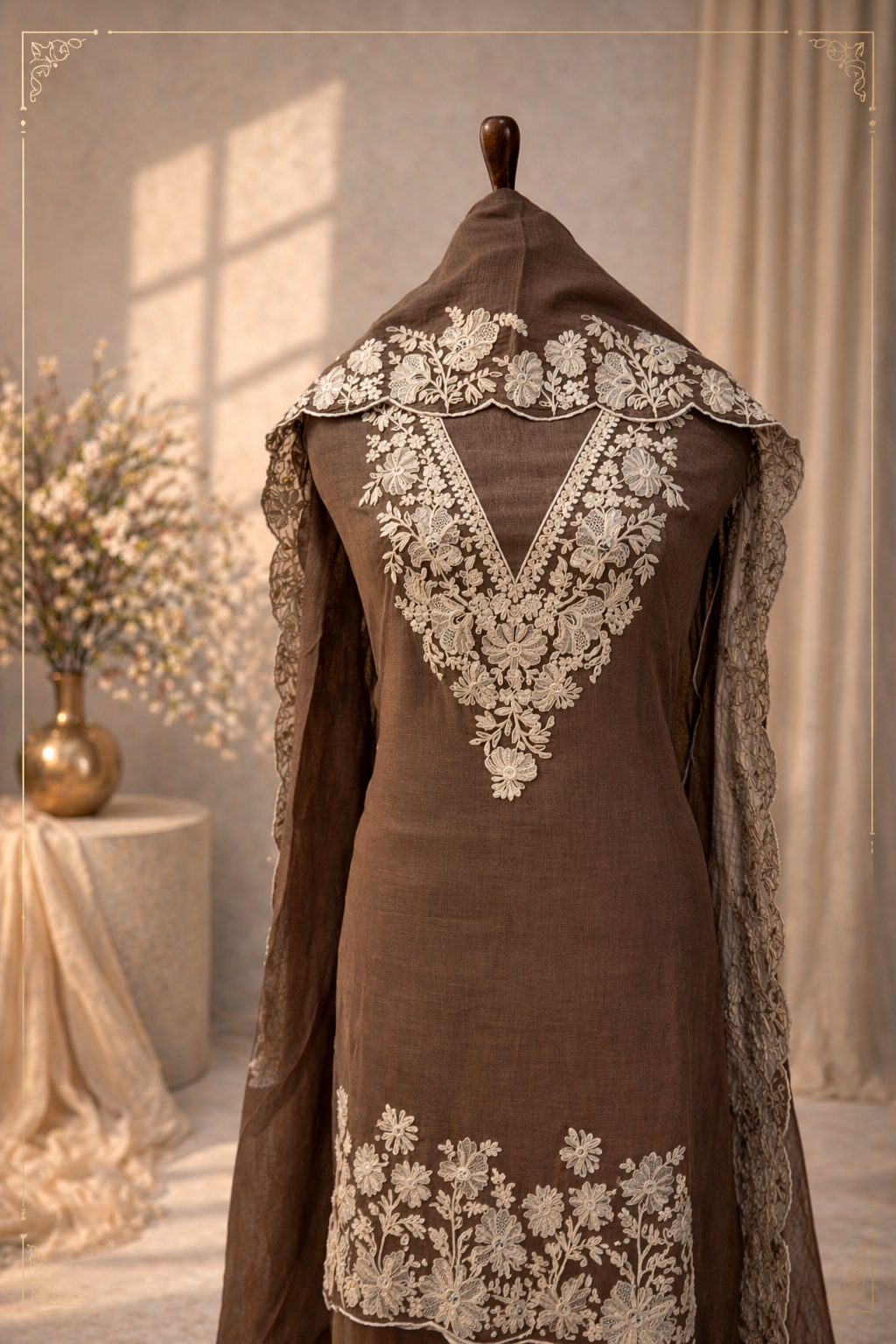 brown embroidered designer suit set India embroidered floral designer wear