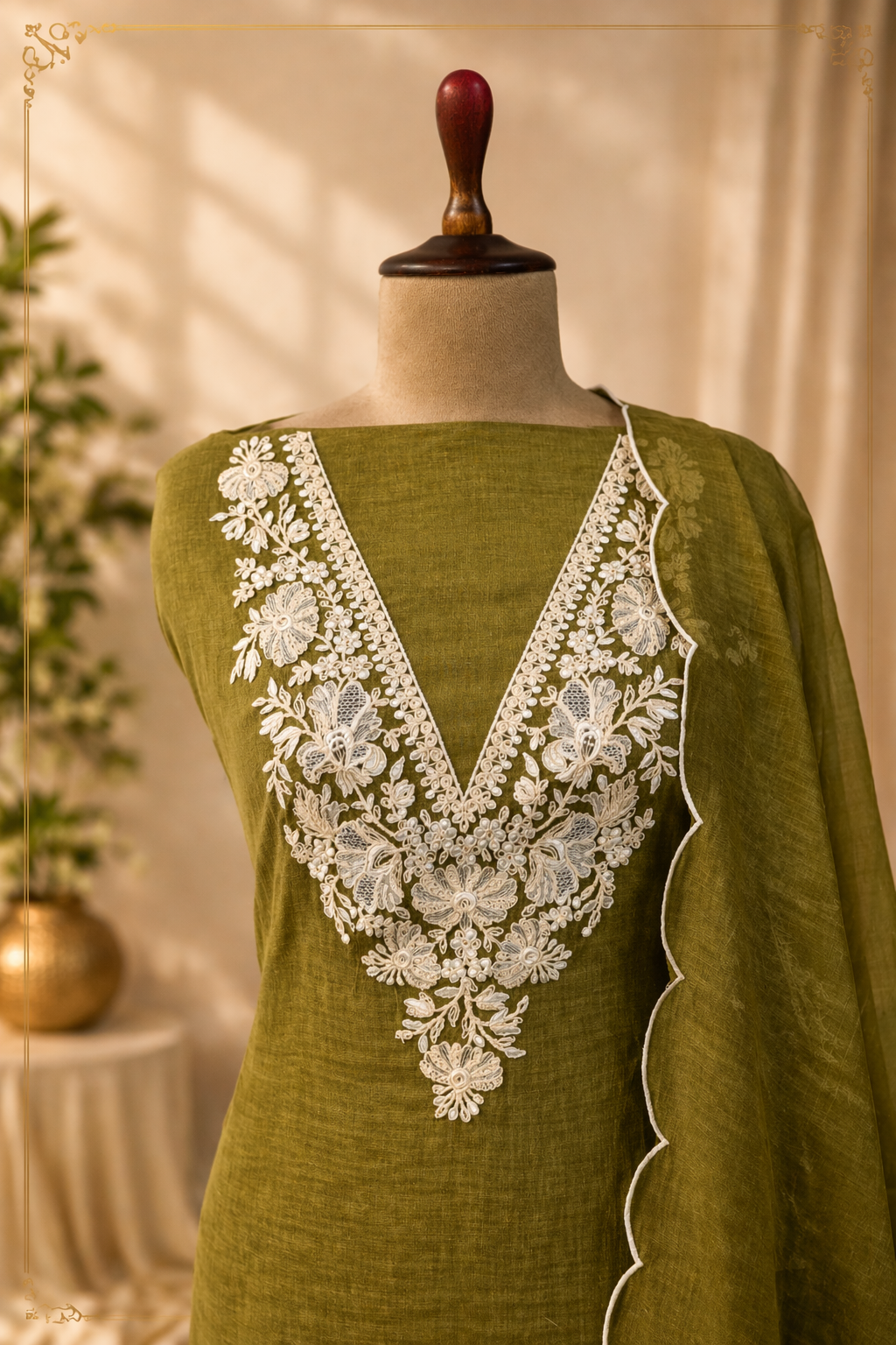 premium unstitched suit set India olive green embroidered suit set
