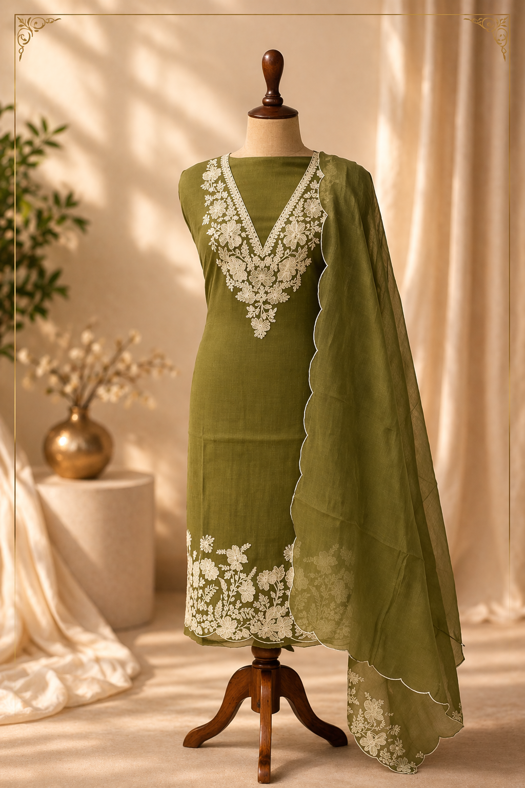 olive green embroidered suit set with dupatta elegant ethnic wear India