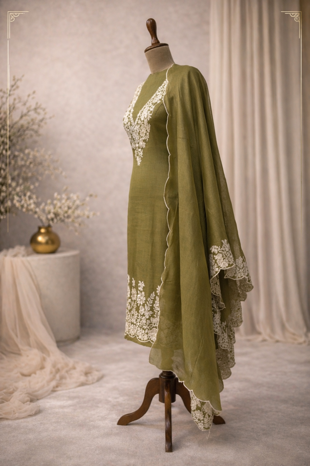 designer ethnic wear India olive green embroidered suit set
