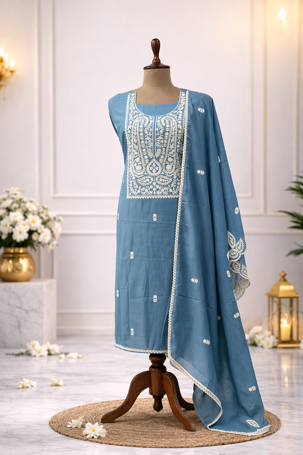 powder blue embroidered suit set with dupatta elegant ethnic wear India