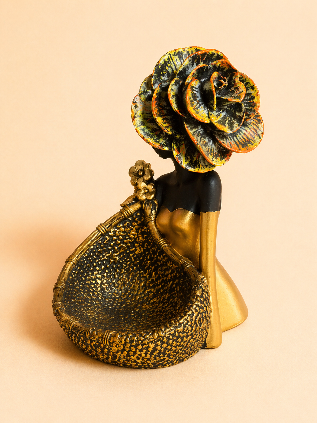 Handcrafted lady figurine Fruit Basket showpiece with floral hat and unique design.