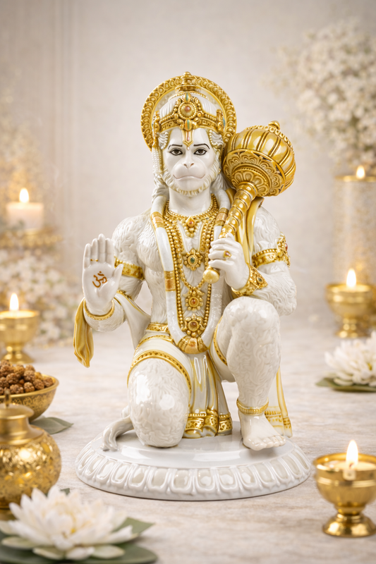Luxury Lord Hanuman Idol with Gada – Premium White & Gold Pooja Statue for Home Temple