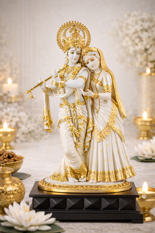 Radha Krishna Idol with Flute – Premium White & Gold Decorative Pooja Statue for Home Temple