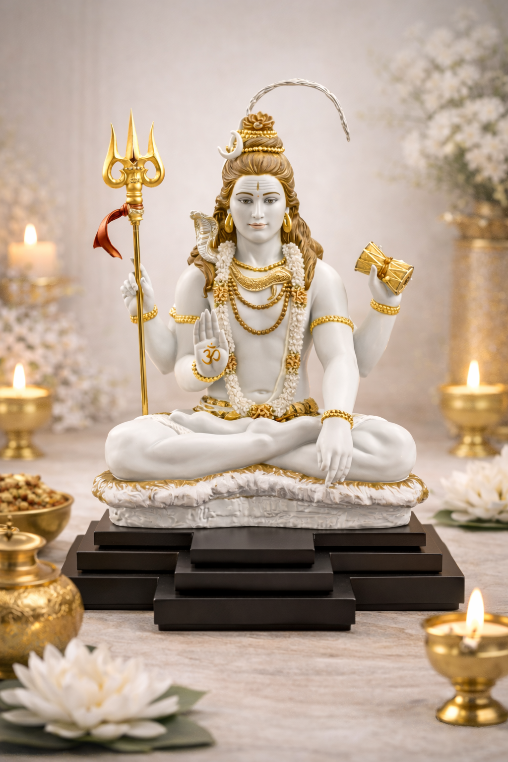 Lord Shiva Idol in Meditation Pose – Premium White & Gold Pooja Statue for Home Temple