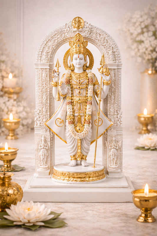 Lord Murugan Idol with Arch – Premium White & Gold Decorative Pooja Statue for Home Temple