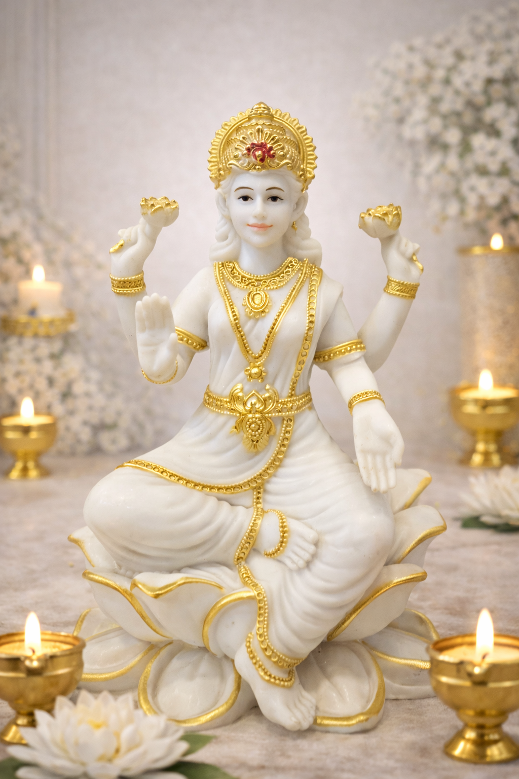 Goddess Lakshmi Idol in White & Gold Finish – Divine Lotus Sitting Statue for Home Temple & Pooja Decor