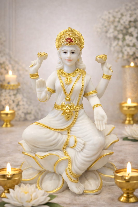 Goddess Lakshmi Idol in White & Gold Finish – Divine Lotus Sitting Statue for Home Temple & Pooja Decor