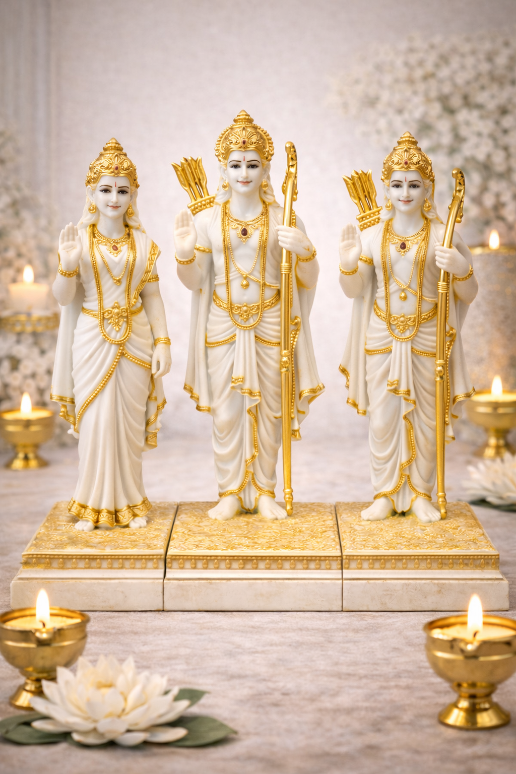 Ram Darbar Idol Set with Lord Rama, Sita & Lakshman – White & Gold Finish Divine Murti for Home Temple & Pooja Decor