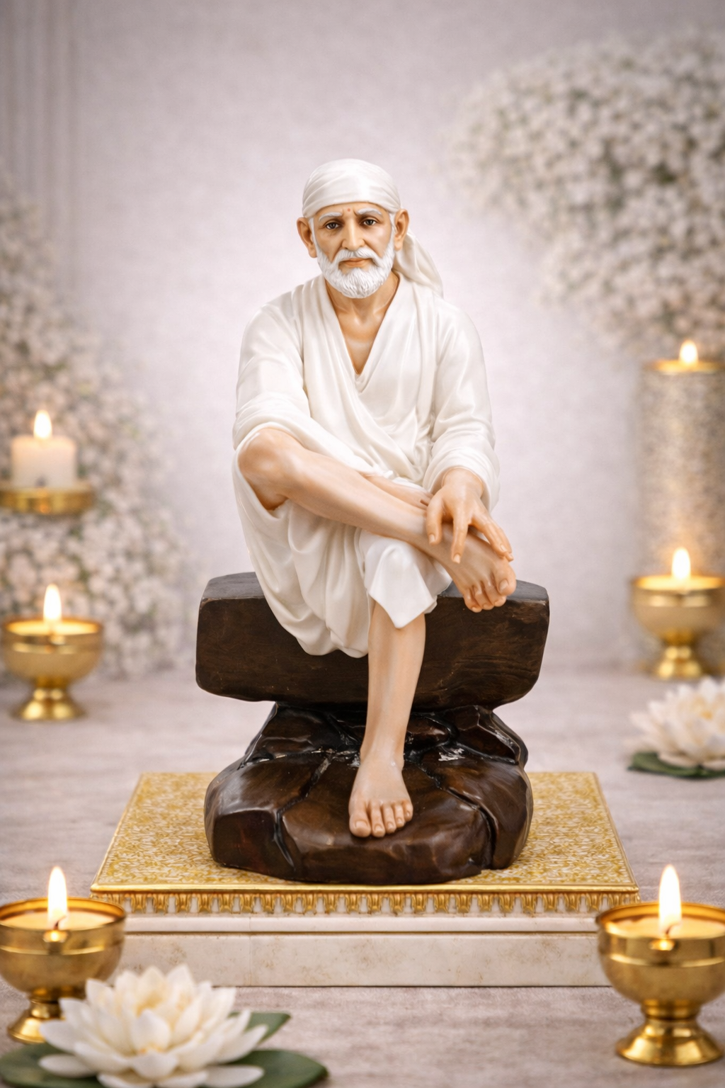 Shirdi Sai Baba Idol in White Robe – Premium Spiritual Murti for Home Mandir, Pooja & Meditation Decor