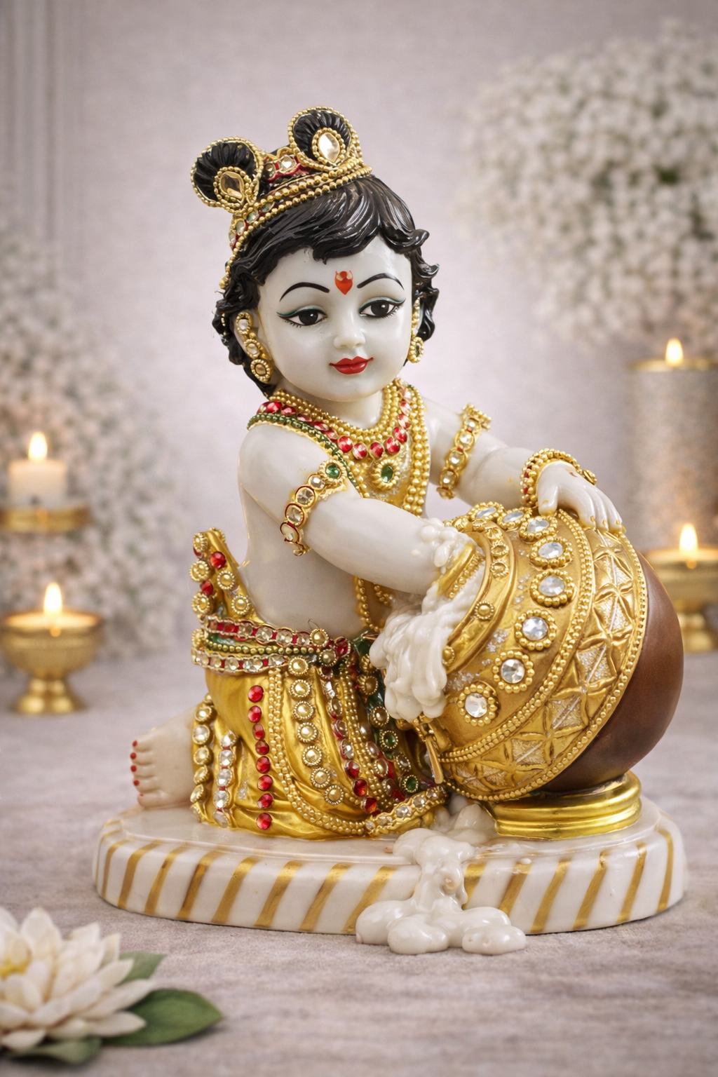 Laddu Gopal Krishna Idol with Makhan Matki – Decorative Bal Gopal Murti for Home Mandir, Pooja & Spiritual Decor