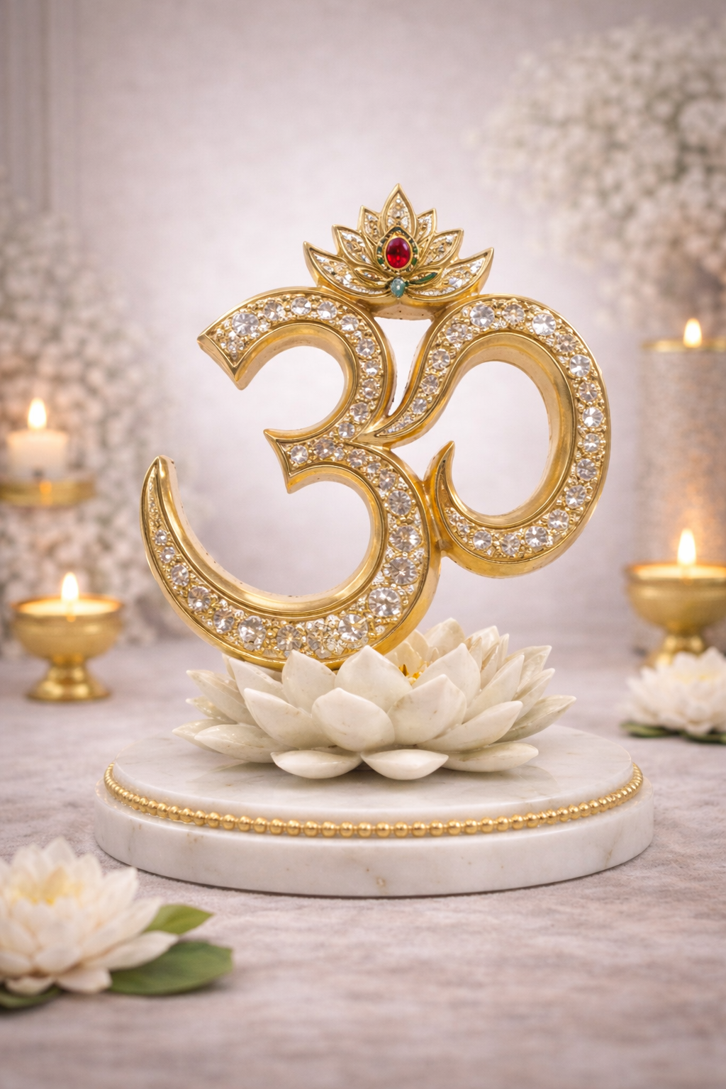 Golden Om Symbol Idol on Lotus Base – Decorative ॐ Murti for Home Mandir, Pooja Room & Spiritual Decor