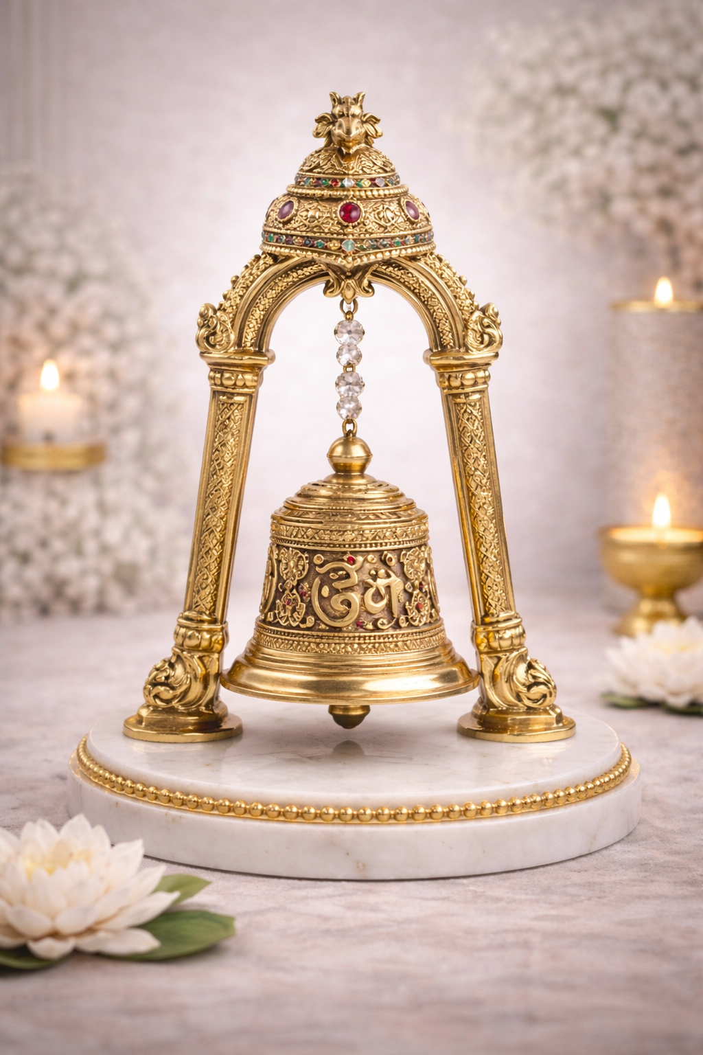 Golden Temple Bell with Ornate Arch Stand – Decorative Om Ghanti for Home Mandir, Pooja & Spiritual Decor