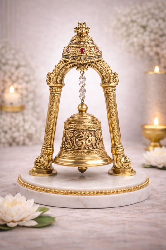 Golden Temple Bell with Ornate Arch Stand – Decorative Om Ghanti for Home Mandir, Pooja & Spiritual Decor