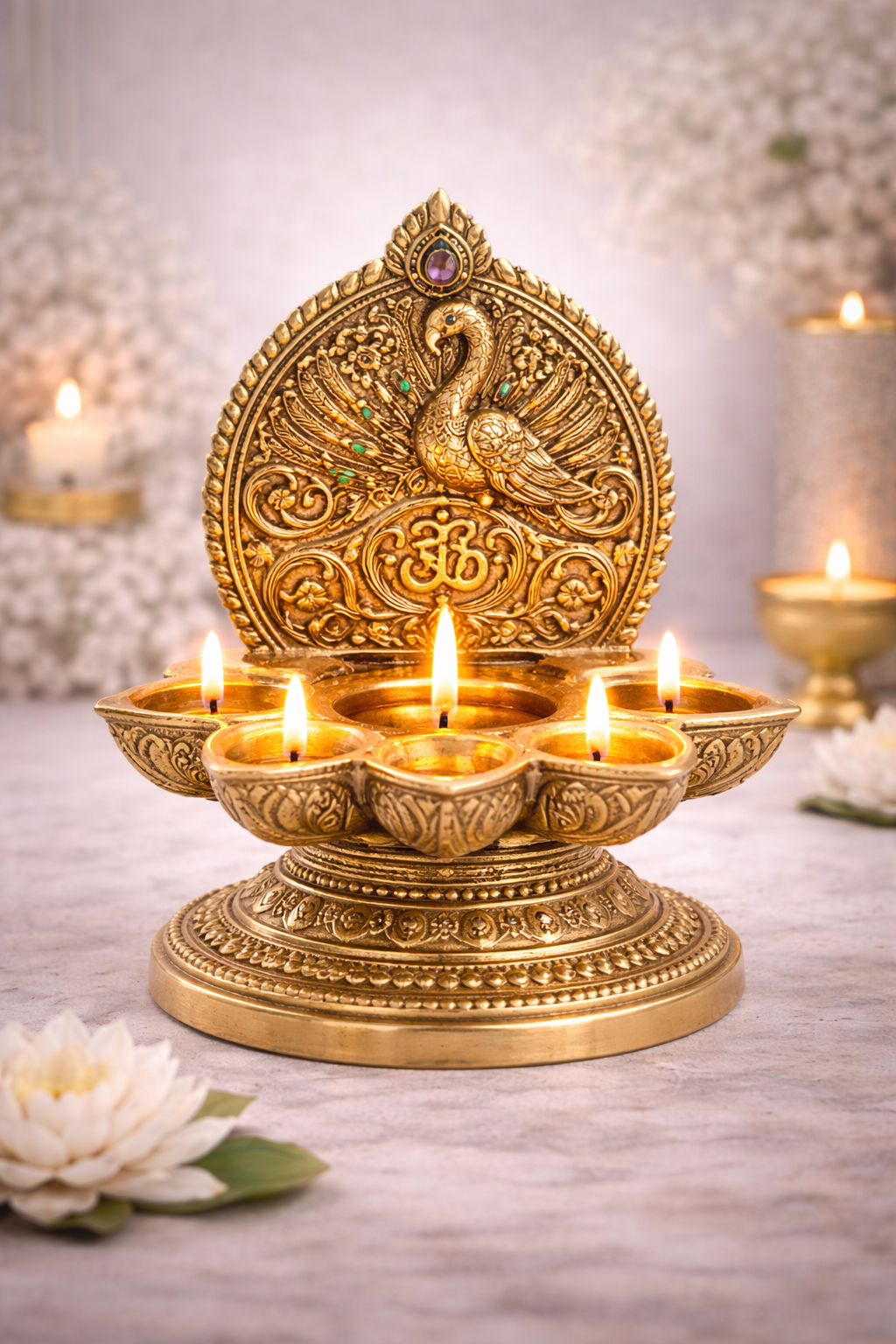 Peacock Design Diya with Om Motif – 5-Wick Pooja Lamp for Home Mandir, Diwali & Spiritual Decor