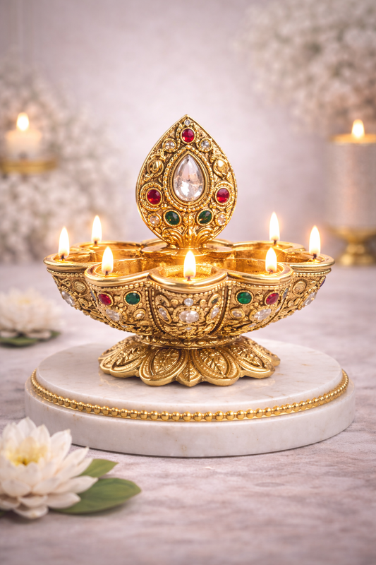 Lotus Design Diya with Stone Work – 5-Wick Decorative Pooja Lamp for Home Mandir, Diwali & Spiritual Decor