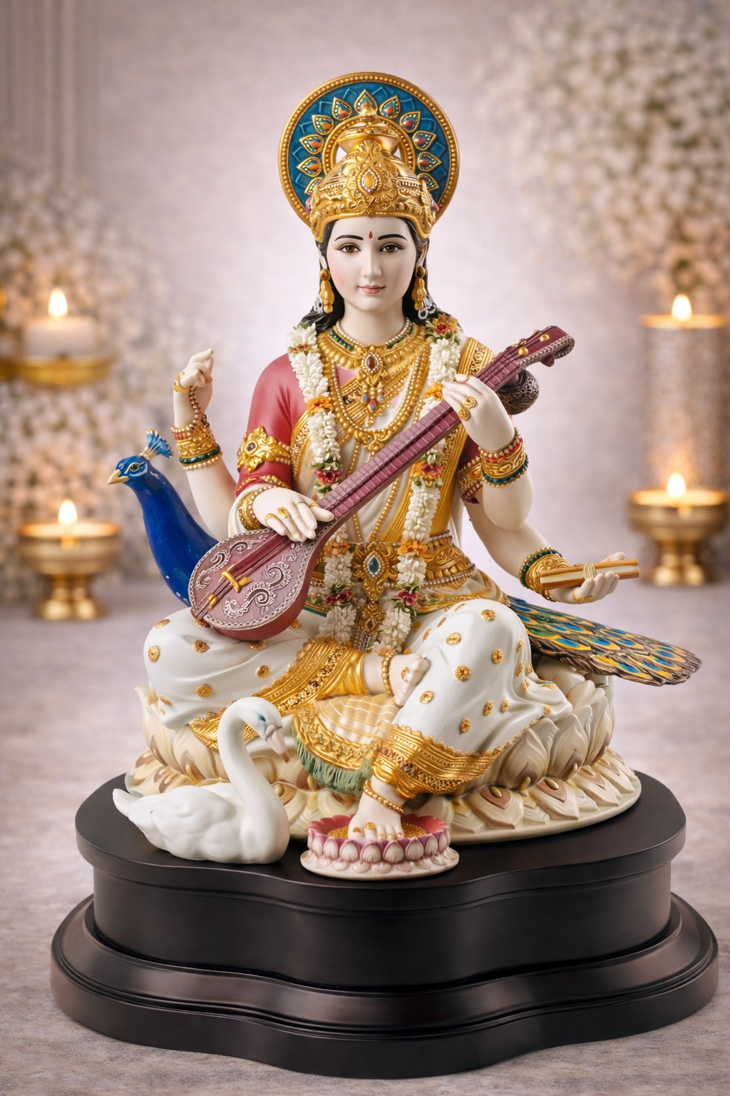 Goddess Saraswati Idol with Veena & Swan – White & Gold Hindu God Murti for Home Mandir, Pooja & Study Room Decor