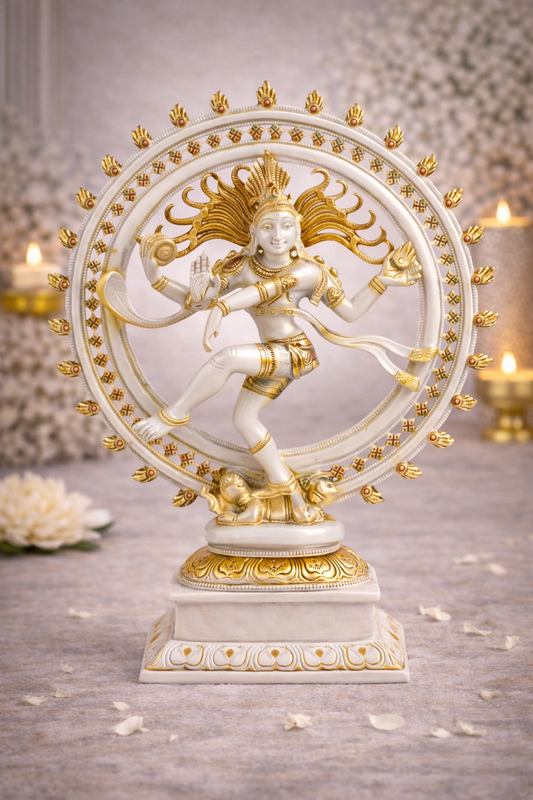 Lord Shiva Nataraja Idol in White & Gold Finish – Dancing Shiva Statue for Home Mandir, Pooja Room & Spiritual Decor
